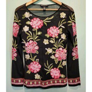 Black Sheer Pink Green Floral Embroidered Long Sleeve Top Whimsigoth Sz M